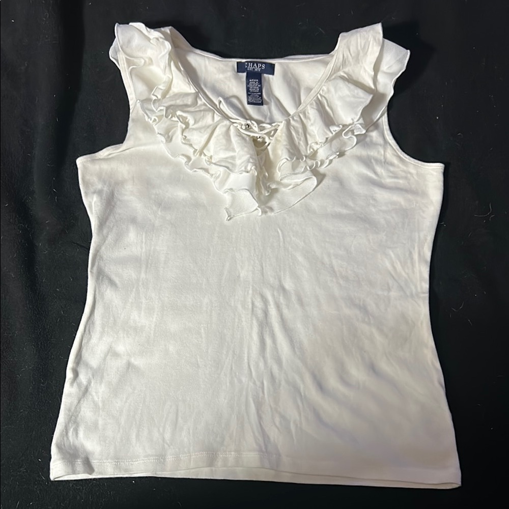 Chaps White Ruffled Bib Collar Tank Top